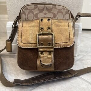 VTG 04 COACH 1497 Metallic Brown, Suede Canvas Logo Crossbody Bag Purse‎ RARE